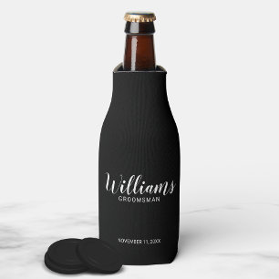 Modern Script Black Personalised Groomsmen Bottle Cooler