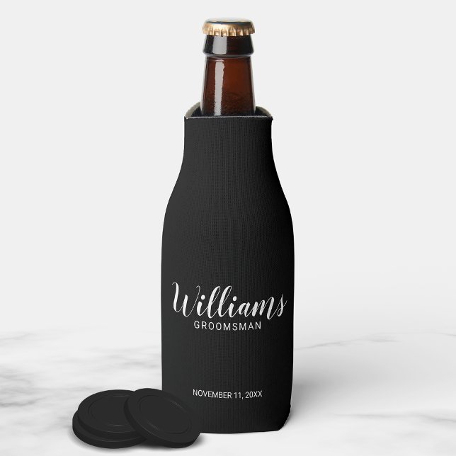 Modern Script Black Personalised Groomsmen Bottle Cooler (Creator Uploaded)