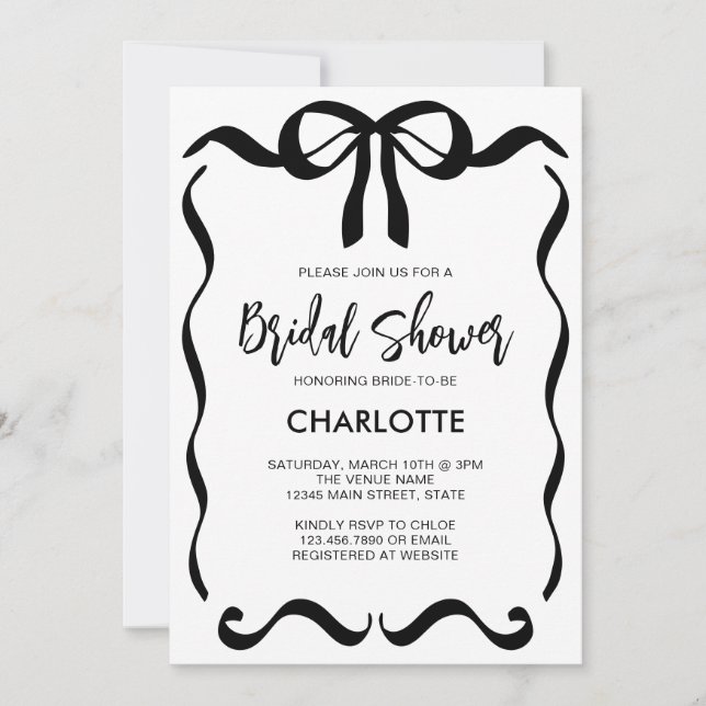Modern Script Black Ribbon Bow Bridal Shower Invitation (Front)