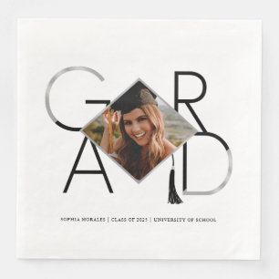 Modern Script Black Silver Tassel Grad Photo Frame Napkin