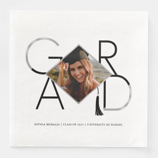 Modern Script Black Silver Tassel Grad Photo Frame Napkin (Front)