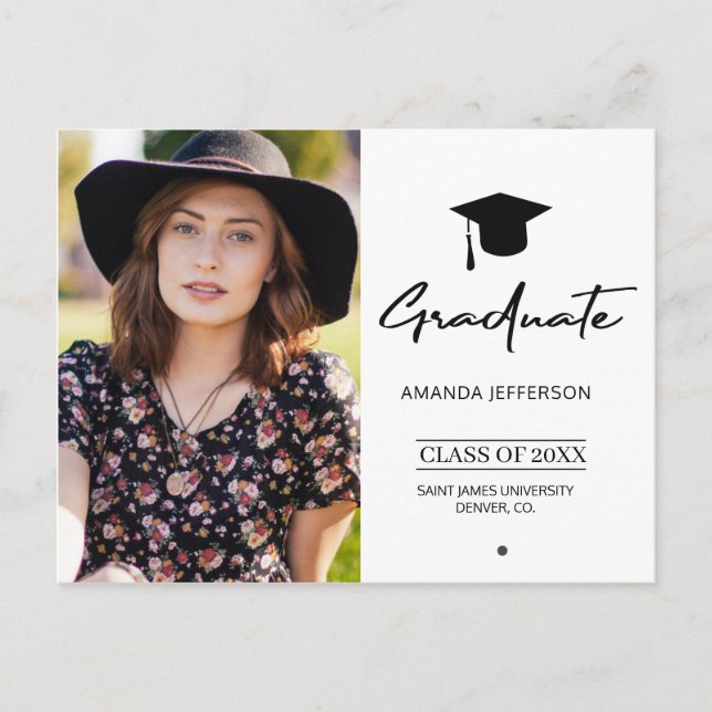 Modern script black simple photo graduation postcard (Front)