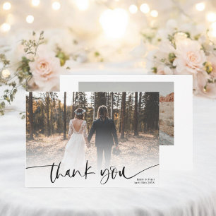 Modern script black thank you 2 photos wedding card