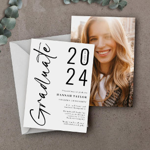 Modern Script Black White 2024 Photo Graduation Announcement
