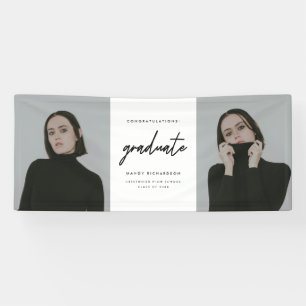 Modern Script Black White 2-Photo Graduation Party Banner