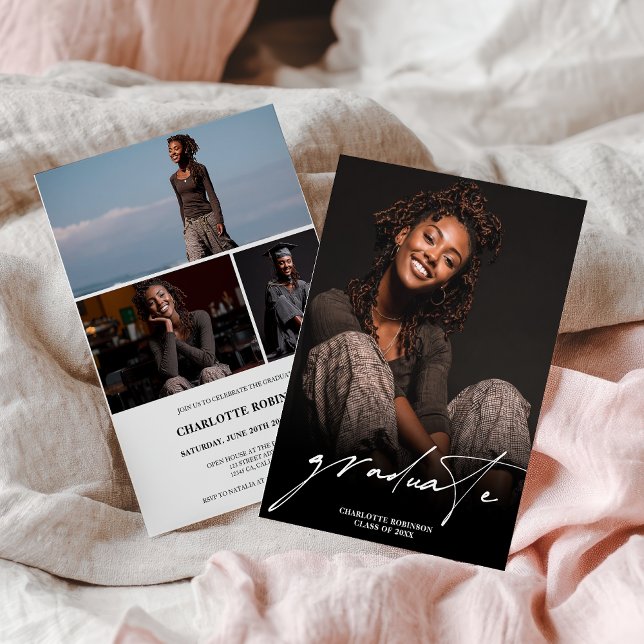 Modern Script Black White 4 Photo Graduation Invitation (Modern Script Black White 4 Photo Graduation Invitation)