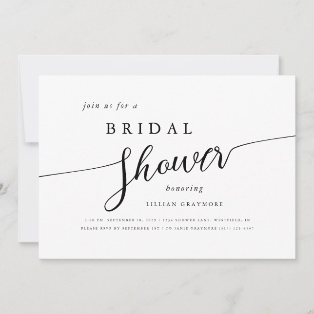 Modern Script Black & White Bridal Shower Invitation (Front)