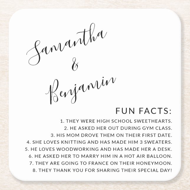 Modern Script Black & White Fun Facts Wedding Square Paper Coaster (Front)