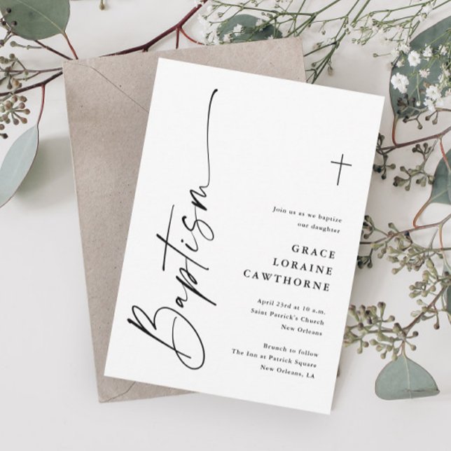 Modern Script Black & White Gender Neutral Baptism Invitation (Modern Elegant Black and White Script Gender Neutral Baptism Invitations.)