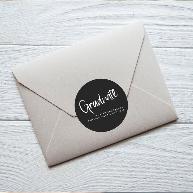 Modern Script Black & White Graduation Classic Round Sticker (Creator Uploaded)