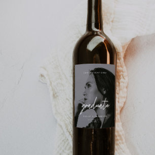 Modern Script Black White Graduation Photo Custom Wine Label