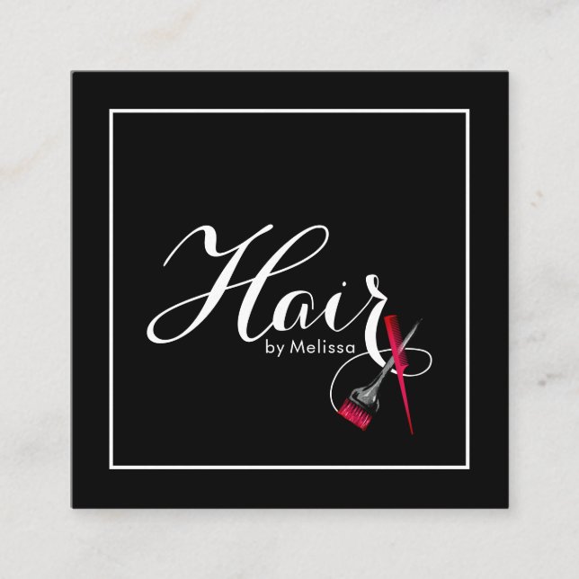 Modern Script Black & White Hair By Your Name Square Business Card (Front)