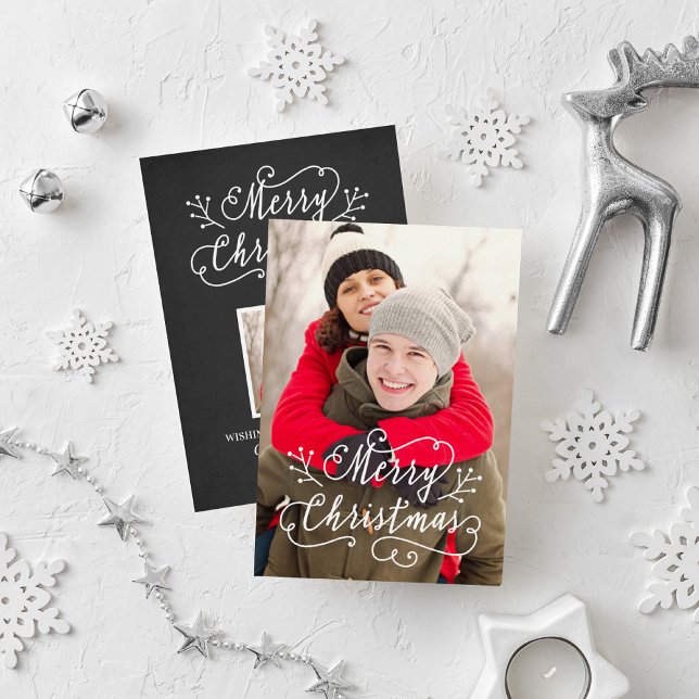 Modern Script Black White Merry Christmas Photo Holiday Card (Creator Uploaded)