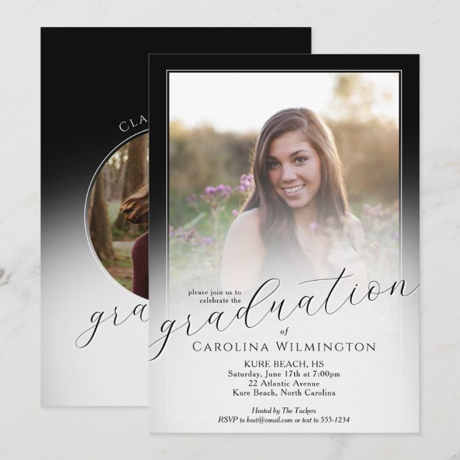Modern Script Black & White Ombre Photo Graduation Invitation (Front/Back)