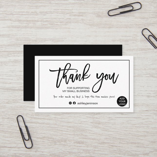 Modern script black white order thank you business card (Front/Back In Situ)