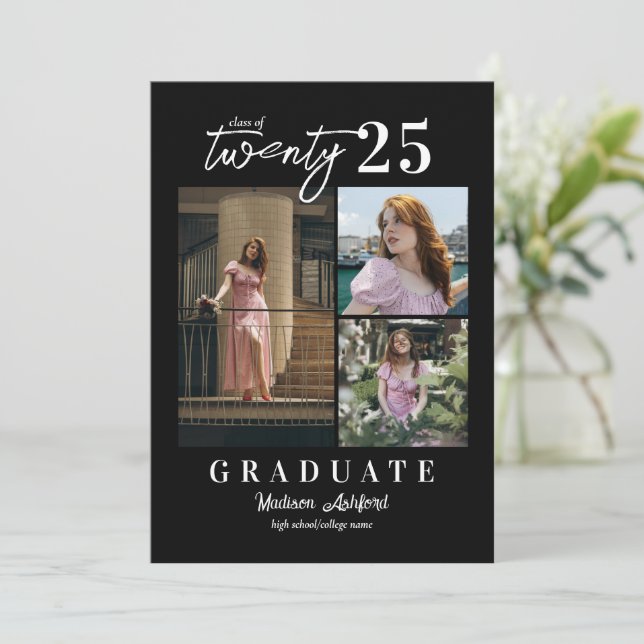 Modern Script Black White Photo Collage Graduation Announcement (Standing Front)