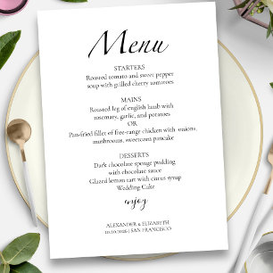 Modern Script Black & White   Wedding Menu Card
