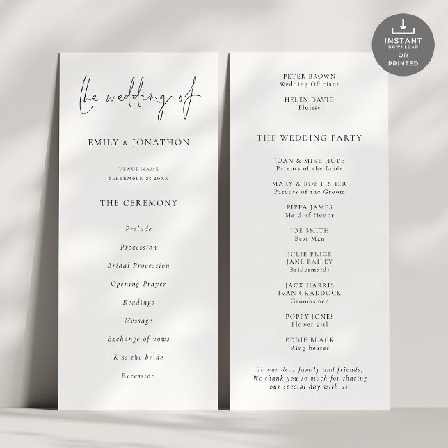 Modern Script Black White Wedding Program Invitation (Front and back view)