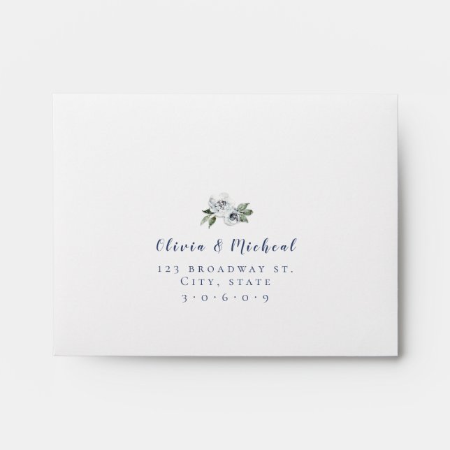 Modern script blue and white floral Wedding RSVP Envelope (Front)