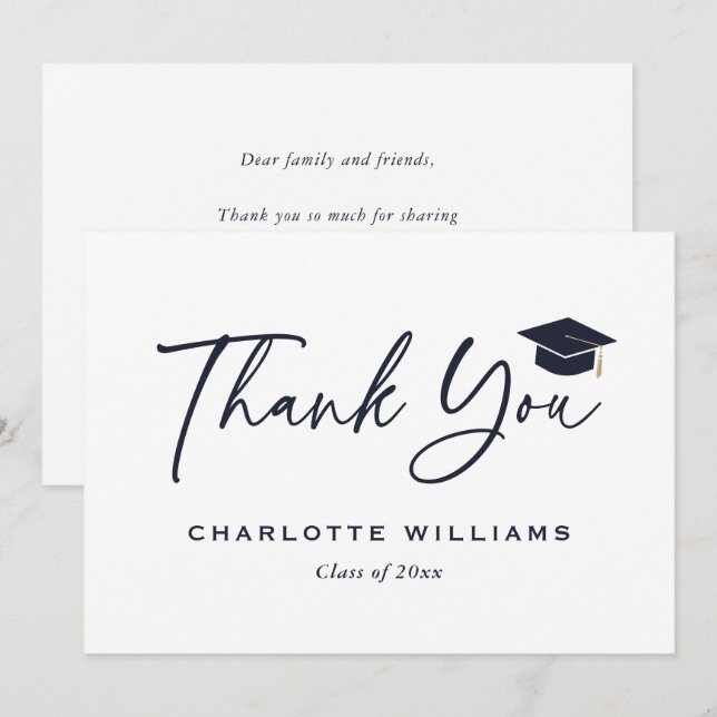 Modern Script Blue and White Graduation Cap Thank You Card (Front/Back)