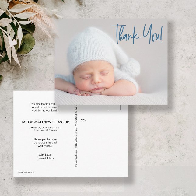 Modern script blue baby Boy Photo baby shower Postcard (Creator Uploaded)