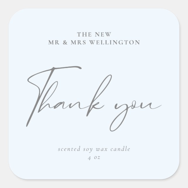 Modern Script Blue Grey Wedding Favour Candle Square Sticker (Front)
