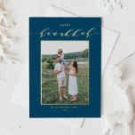 Modern Script Blue Happy Hanukkah Photo<br><div class="desc">Happy Hanukkah! Send Hanukkah wishes to family and friends with this customisable gold foil Hanukkah card. It features elegant calligraphy and simple typography. Personalise by adding names and a photo. This elegant Happy Hanukkah card is available on other cardstock.</div>