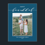 Modern Script Blue Happy Hanukkah Photo Holiday Postcard<br><div class="desc">Happy Hanukkah! Send Hanukkah wishes to family and friends with this customisable calligraphy Hanukkah postcard. It features an elegant calligraphy and simple typography. Personalise by adding names and a photo. This gold foil Happy Hanukkah postcard is available on other cardstock.</div>