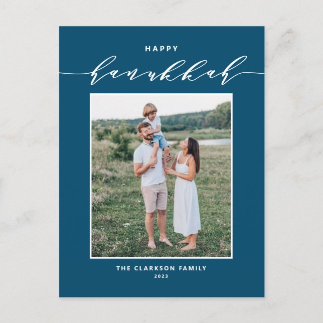 Modern Script Blue Happy Hanukkah Photo Holiday Postcard (Front)