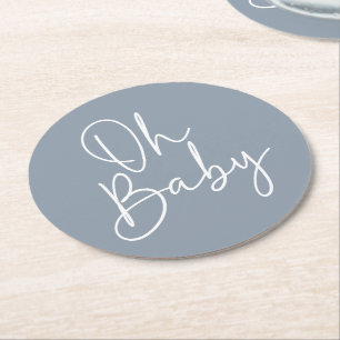 Modern Script Blue Oh Baby Simple Baby Shower Round Paper Coaster
