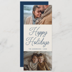Modern Script Blue Two Photo Tall Christmas Holiday Card