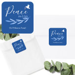 Modern Script Blue & White Hanukkah Blessing Square Sticker<br><div class="desc">Discover striking blue and white Hanukkah Script "Peace,  Love & Light" Blessing Stickers,  available in 1.5-inchsquares with 20 per sheet,  or in a larger 3-inch square or circle format.</div>