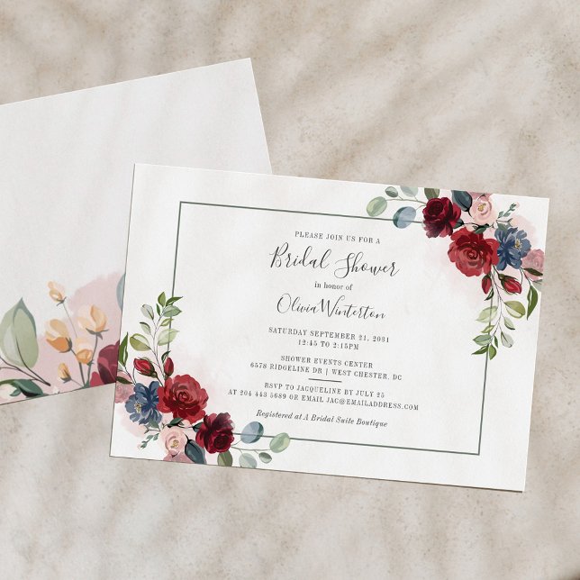 Modern Script Blush Burgundy Floral Bridal Shower  Invitation (Creator Uploaded)