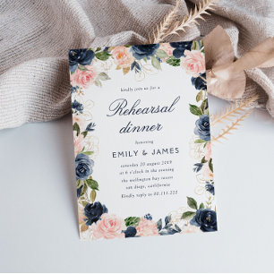 Modern script blush & navy Rehearsal dinner Invitation