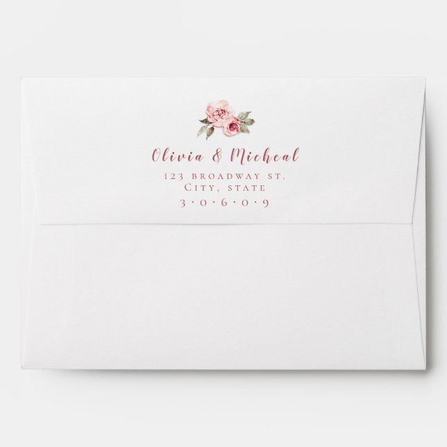 Modern script blush pink floral Wedding Envelope (Back (Top Flap))