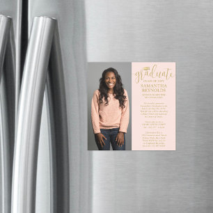 Modern Script Blush Pink & Gold 1 Photo Graduation Magnetic Invitation
