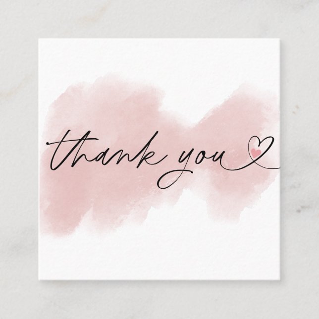 modern script blush pink heart thank you for order square business card (Front)