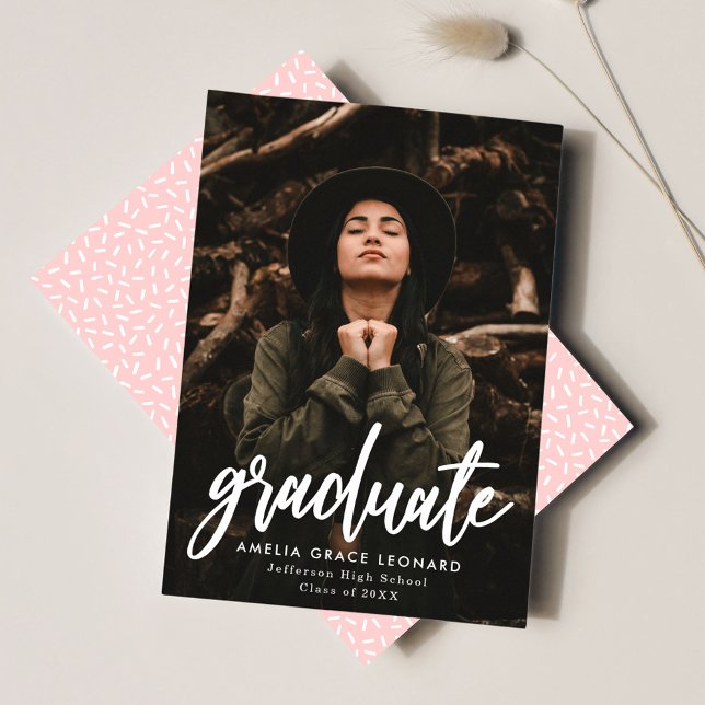 Modern Script Blush Pink Photo Graduation Announcement (Creator Uploaded)
