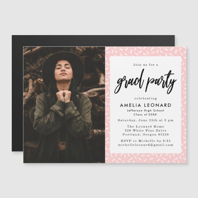 Modern Script Blush Pink Photo Graduation Party Magnetic Invitation (Front/Back)