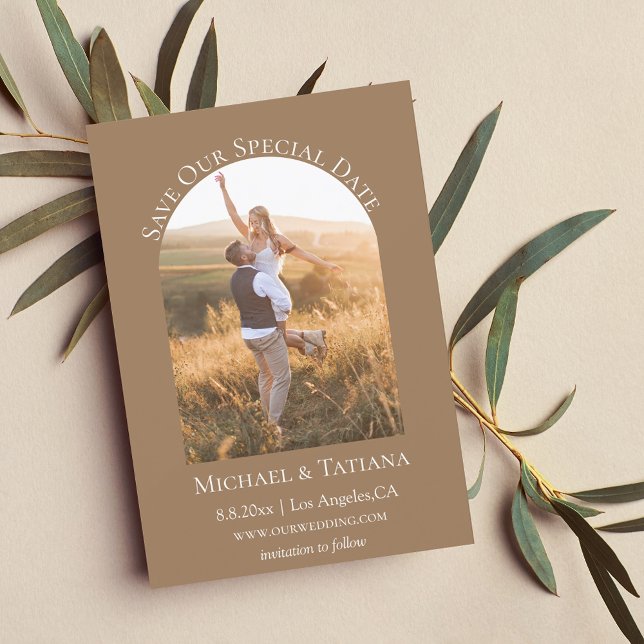 modern script boho arch photo brown terracotta save the date (Creator Uploaded)