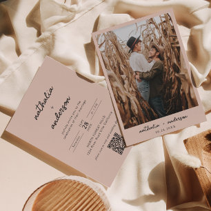 Modern Script Boho Beige Photo QR Code Wedding Invitation