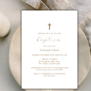 Modern Script Boho Gold Cross Baptism Invitation