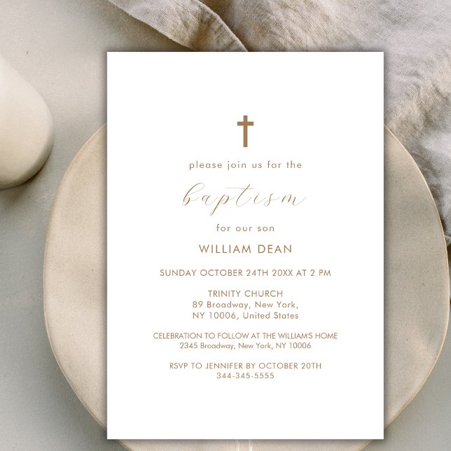 Modern Script Boho Gold Cross Baptism Invitation (Modern Script Boho Gold Cross Baptism Invitation)