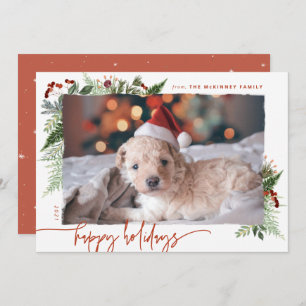 Modern Script Boho Greenery Terracotta Rust Photo Holiday Card