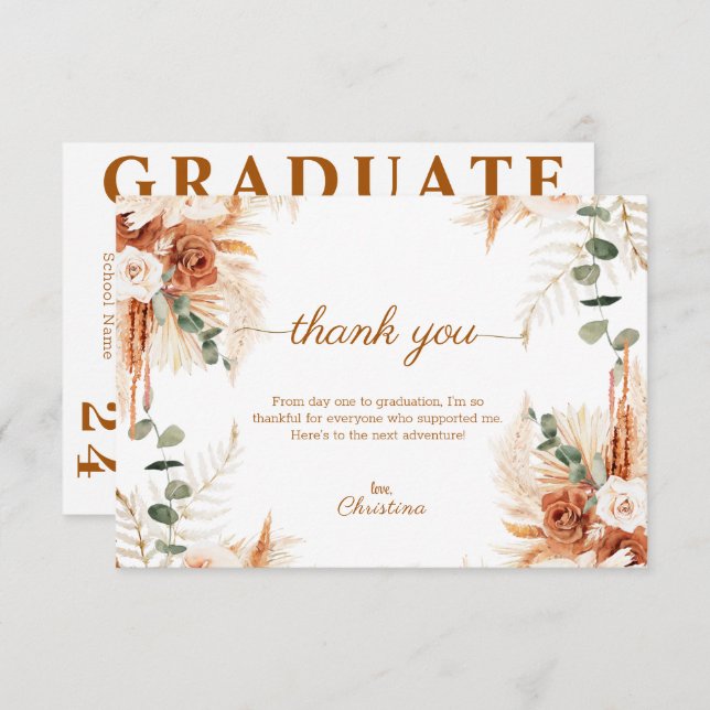Modern Script  Boho Terracotta Photo Graduation  Thank You Card (Front/Back)