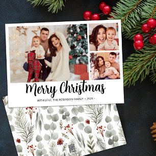 Modern Script Botanical 3 Photo Collage Christmas Holiday Card