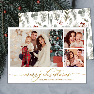 Modern Script Botanical 3 Photo Collage Christmas  Holiday Card