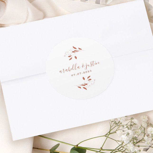 Modern Script Botanical Terracotta Wedding Classic Round Sticker (Creator Uploaded)