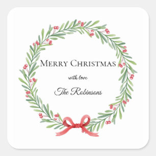 Modern Script Botanical Wreath Christmas Square Sticker