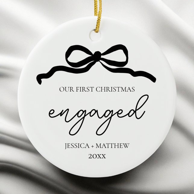 Modern Script Bow First Christmas Engaged Photo Ceramic Tree Decoration (Modern Script Bow First Christmas Engaged Photo Ceramic Ornament)